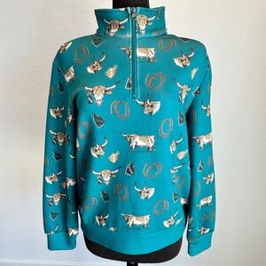 The Back Forty Teal Longhorn Cow Print Quarter Zip Pullover Western Top Medium